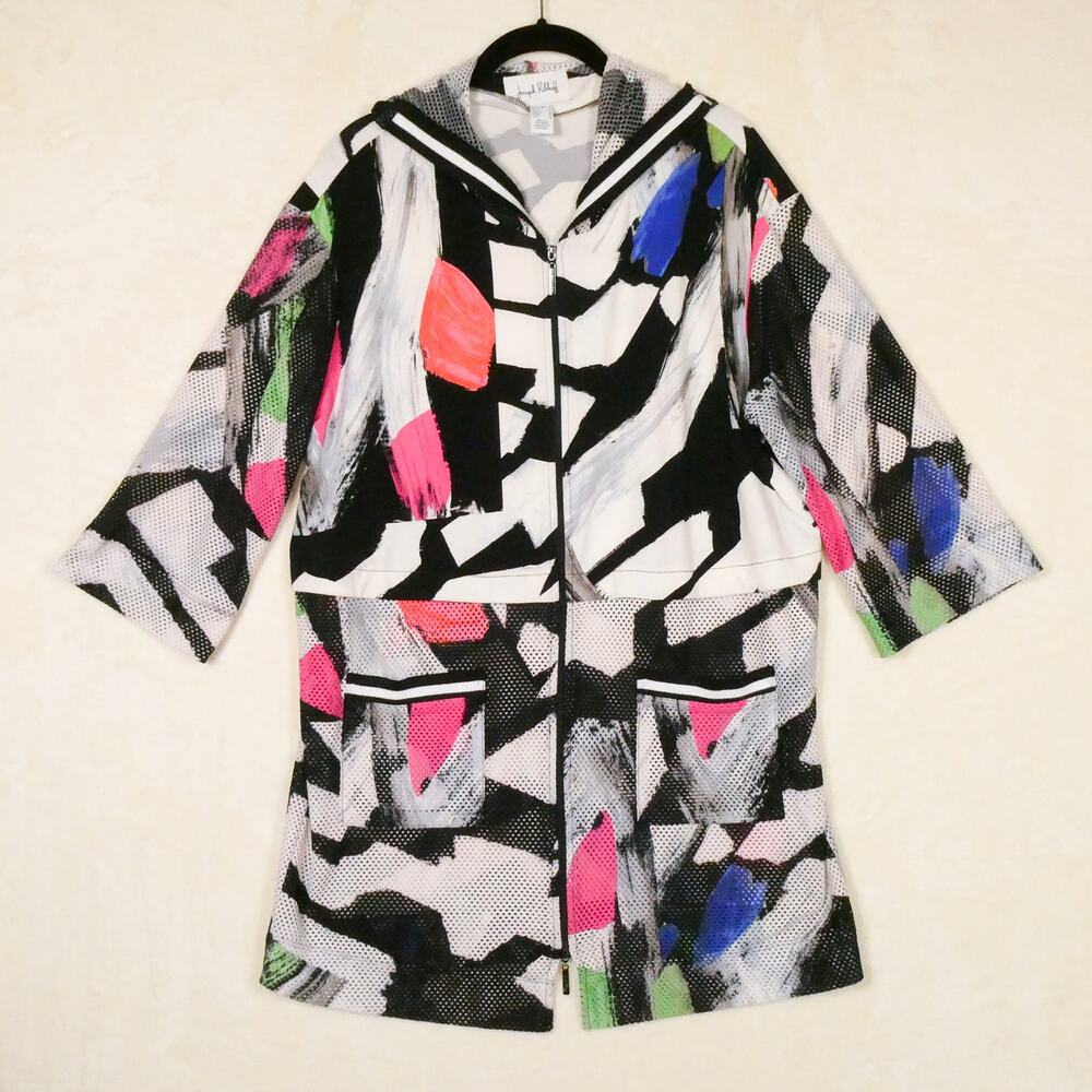 Joseph Ribkoff Colorful Hooded Jacket Size 8 Art to Wear Mesh Watercolor Active